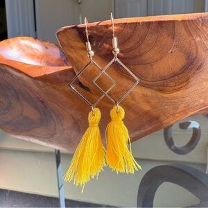 Gold Geometric Drop Earrings with Yellow Tassels